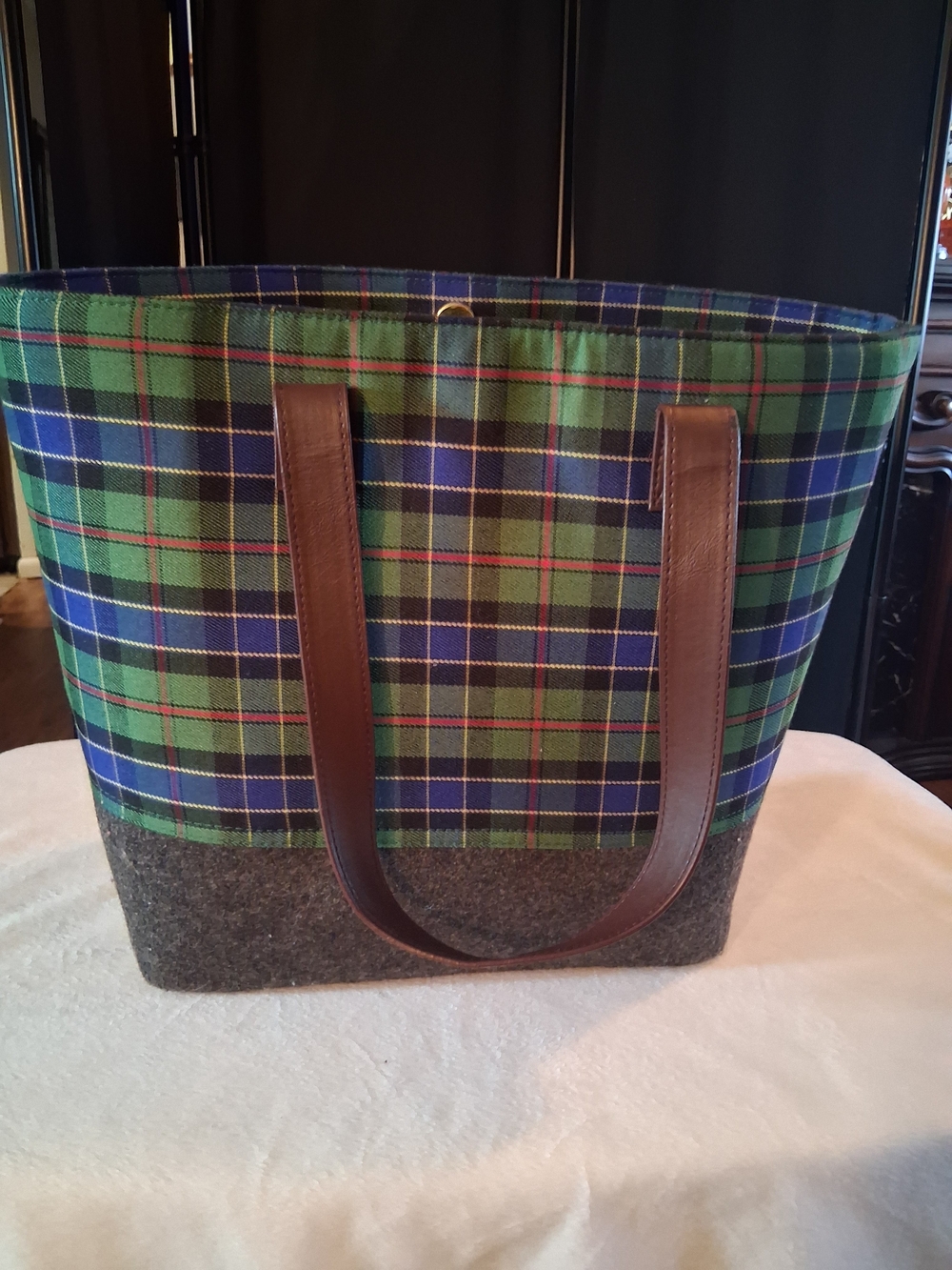 Plaid Green and Blue Tote with Brown Handles
